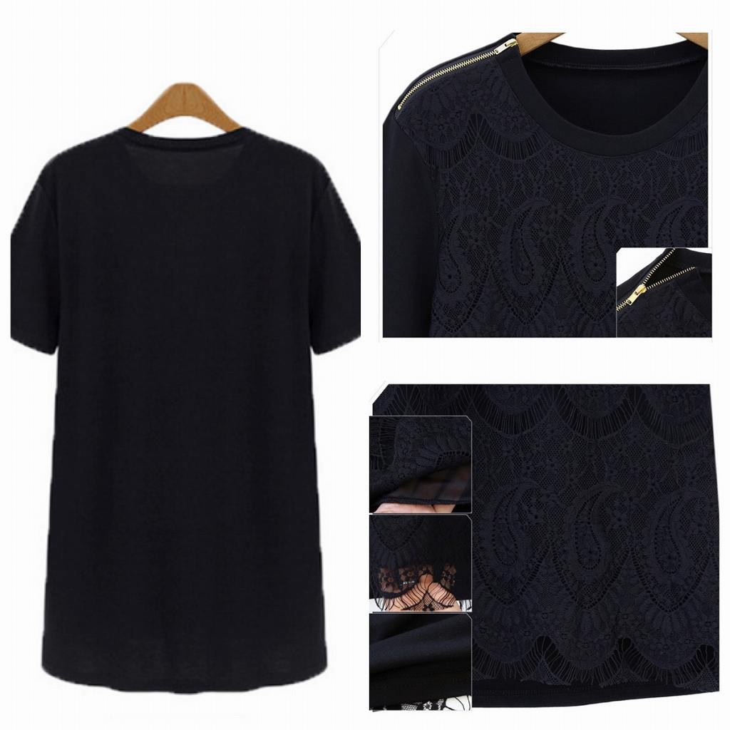 レディース　大きいサイズ　レース　ステッチ　Tシャツ　半袖　トップス　ショートスリーブ　クルーネック　春　夏　女性　大人　カジュアル　キュート　可愛い　おしゃれ　ファッション　ブラック　アイボリー　L　XL　2L　3XL　4XL　5XL　サイズ　送料無料