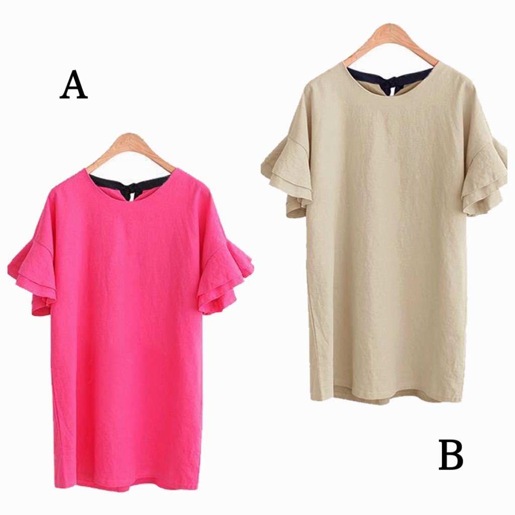 レディース　大きいサイズ　ティアードスリーブ　Tシャツ　半袖　トップス　ショートスリーブ　ラウンドネック　春　夏　女性　大人　カジュアル　キュート　可愛い　おしゃれ　ファッション　ベージュ　ピンク　S　M　L　XL　2L　3XL　サイズ　送料無料