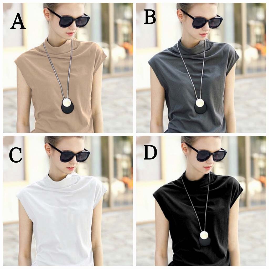 レディース　ハーフネック　ノースリーブ　Tシャツ　トップス　セーター　春　夏　女性　大人　カジュアル　キュート　可愛い　おしゃれ　ファッション　ベージュ　グレー　ホワイト　ブラック　ソリッドカラー　無地　S　M　L　XL　XXL　サイズ　送料無料