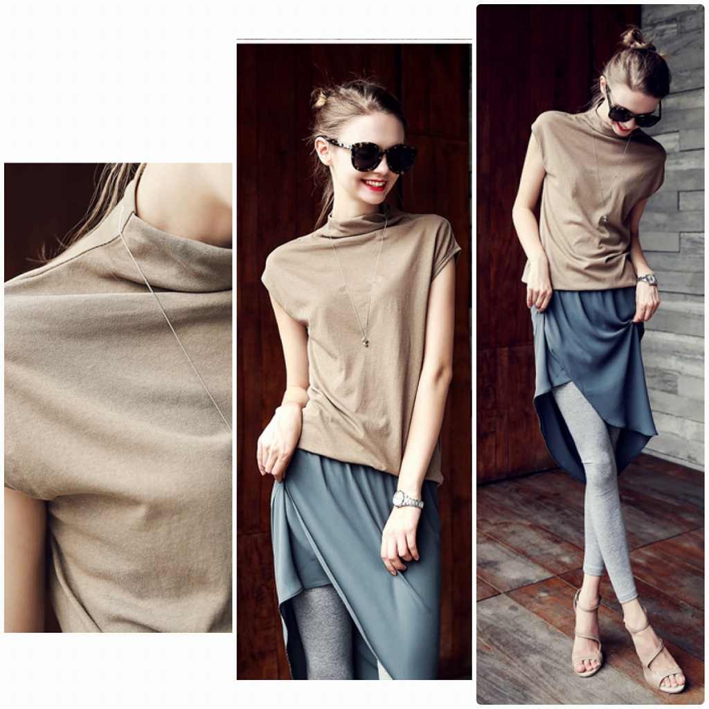 レディース　ハーフネック　ノースリーブ　Tシャツ　トップス　セーター　春　夏　女性　大人　カジュアル　キュート　可愛い　おしゃれ　ファッション　ベージュ　グレー　ホワイト　ブラック　ソリッドカラー　無地　S　M　L　XL　XXL　サイズ　送料無料