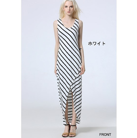 レディース　ワンピース　スカート　ノースリーブ　ロング　Uネック　ストライプ　ボトムス　春　夏　女性　大人　カジュアル　キュート　可愛い　おしゃれ　セクシー　ファッション　ホワイト　ブラック　白　黒　S　M　L　XL　サイズ　送料無料