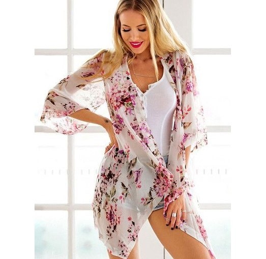 レディース　花柄　シフォン　ブラウス　羽織　七分袖　ロング丈　シャツ　春　夏　女性　大人　カジュアル　キュート　可愛い　おしゃれ　セクシー　ファッション　ホワイト　白　M　L　サイズ　送料無料