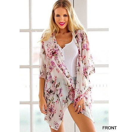 レディース　花柄　シフォン　ブラウス　羽織　七分袖　ロング丈　シャツ　春　夏　女性　大人　カジュアル　キュート　可愛い　おしゃれ　セクシー　ファッション　ホワイト　白　M　L　サイズ　送料無料