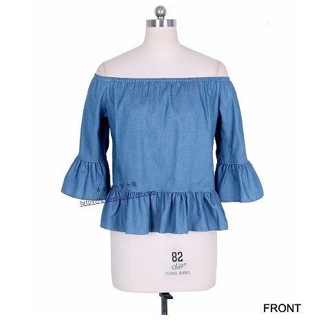 レディース　オフショルダー　フラウンス　デニム　ブラウス　シャツ　ベルシェイプドカフス　七分袖　ロングスリーブ　春　夏　女性　大人　カジュアル　キュート　可愛い　セクシー　ファッション　ブルー　S　M　L　XL　サイズ　おしゃれ　送料無料
