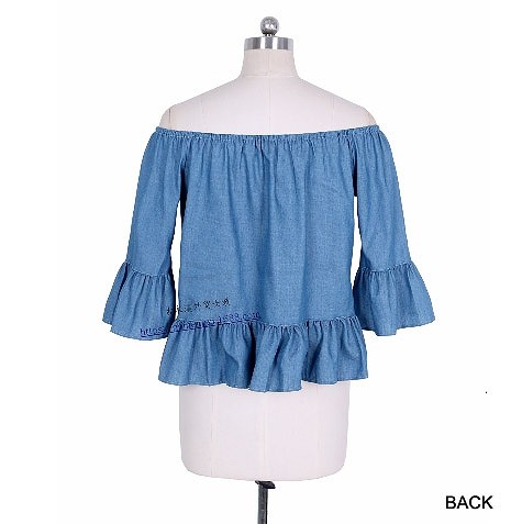 レディース　オフショルダー　フラウンス　デニム　ブラウス　シャツ　ベルシェイプドカフス　七分袖　ロングスリーブ　春　夏　女性　大人　カジュアル　キュート　可愛い　セクシー　ファッション　ブルー　S　M　L　XL　サイズ　おしゃれ　送料無料