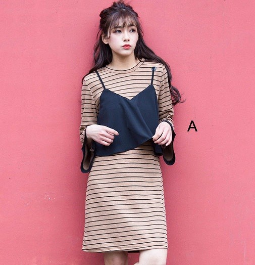 レディース　ボーダー　ワンピース　ベルシェイプドカフス　スカート　ロングスリーブ　長袖　ボトムス　春　夏　女性　大人　カジュアル　キュート　可愛い　おしゃれ　セクシー　ファッション　S　M　L　XL　サイズ　送料無料