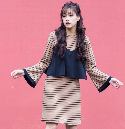 レディース　ボーダー　ワンピース　ベルシェイプドカフス　スカート　ロングスリーブ　長袖　ボトムス　春　夏　女性　大人　カジュアル　キュート　可愛い　おしゃれ　セクシー　ファッション　S　M　L　XL　サイズ　送料無料