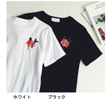 レディース　花柄　刺繍　半袖　Tシャツ　ショートスリーブ　クルーネック　春　夏　女性　大人　カジュアル　キュート　可愛い　おしゃれ　セクシー　ファッション　ホワイト　ブラック　白　黒　S　M　L　サイズ　送料無料
