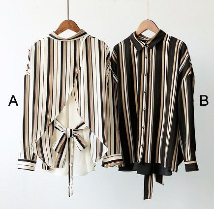 レディース　ストライプ　シフォン　リボン　シャツ　ブラウス　ロングスリーブ　長袖　春　夏　女性　大人　カジュアル　キュート　可愛い　セクシー　ファッション　オフホワイト　ブラック　フリーサイズ　ワンサイズ　おしゃれ　送料無料