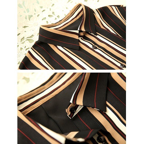 レディース　ストライプ　シフォン　リボン　シャツ　ブラウス　ロングスリーブ　長袖　春　夏　女性　大人　カジュアル　キュート　可愛い　セクシー　ファッション　オフホワイト　ブラック　フリーサイズ　ワンサイズ　おしゃれ　送料無料