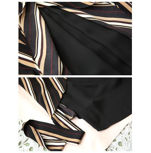 レディース　ストライプ　シフォン　リボン　シャツ　ブラウス　ロングスリーブ　長袖　春　夏　女性　大人　カジュアル　キュート　可愛い　セクシー　ファッション　オフホワイト　ブラック　フリーサイズ　ワンサイズ　おしゃれ　送料無料