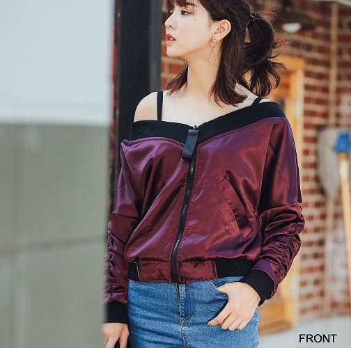 レディース　アウター　ジャケット　ブルゾン　Vネック　ジップ　春　女性　大人　カジュアル　キュート　可愛い　おしゃれ　セクシー　ファッション　ワインレッド　フリーサイズ　ワンサイズ　送料無料