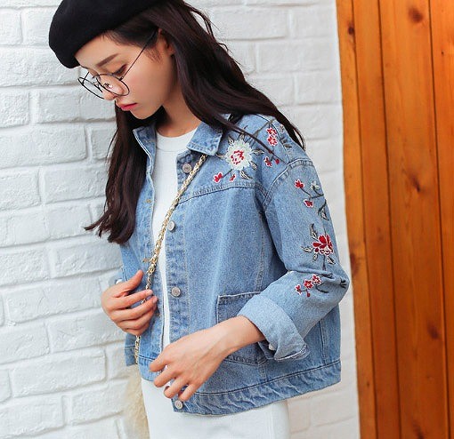 レディース　デニムジャケット　ジージャン　刺繍　花柄　アウター　長袖　春　夏　女性　大人　カジュアル　キュート　可愛い　セクシー　ファッション　おしゃれ　ブルー　S　M　L　送料無料