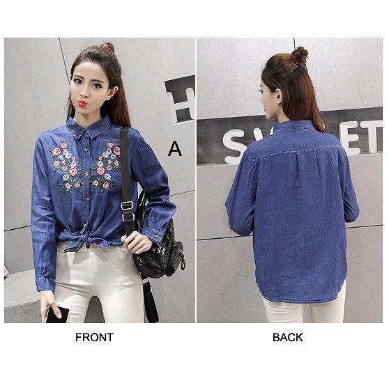 レディース　花柄　刺繍　ブラウス　シャツ　長袖　ロングスリーブ　トップス　春　夏　女性　大人　カジュアル　キュート　可愛い　おしゃれ　セクシー　ファッション　ブルー　ネイビー　S　M　L　サイズ　送料無料