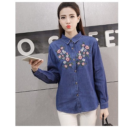 レディース　花柄　刺繍　ブラウス　シャツ　長袖　ロングスリーブ　トップス　春　夏　女性　大人　カジュアル　キュート　可愛い　おしゃれ　セクシー　ファッション　ブルー　ネイビー　S　M　L　サイズ　送料無料