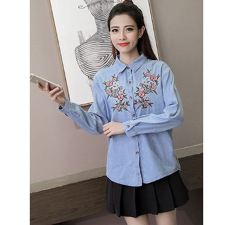 レディース　花柄　刺繍　ブラウス　シャツ　長袖　ロングスリーブ　トップス　春　夏　女性　大人　カジュアル　キュート　可愛い　おしゃれ　セクシー　ファッション　ブルー　ネイビー　S　M　L　サイズ　送料無料