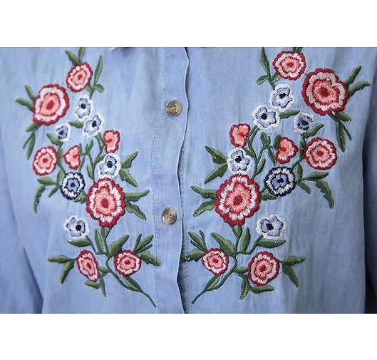 レディース　花柄　刺繍　ブラウス　シャツ　長袖　ロングスリーブ　トップス　春　夏　女性　大人　カジュアル　キュート　可愛い　おしゃれ　セクシー　ファッション　ブルー　ネイビー　S　M　L　サイズ　送料無料