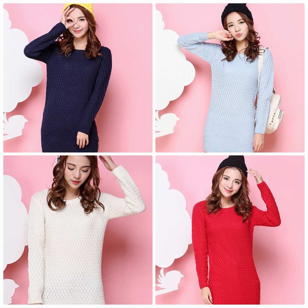 レディース　ケーブルニットセーター　長袖　ラウンドネック　ロング丈　プルオーバー　すっきり　スリム　大人　かわいい　カジュアル　デート　外出　全４色　送料無料