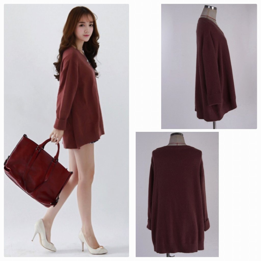 レディース　ニットセーター　長袖　Ｖネック　ロング丈　プルオーバー　ゆったり　大人　かわいい　カジュアル　デート　外出　全４色　送料無料