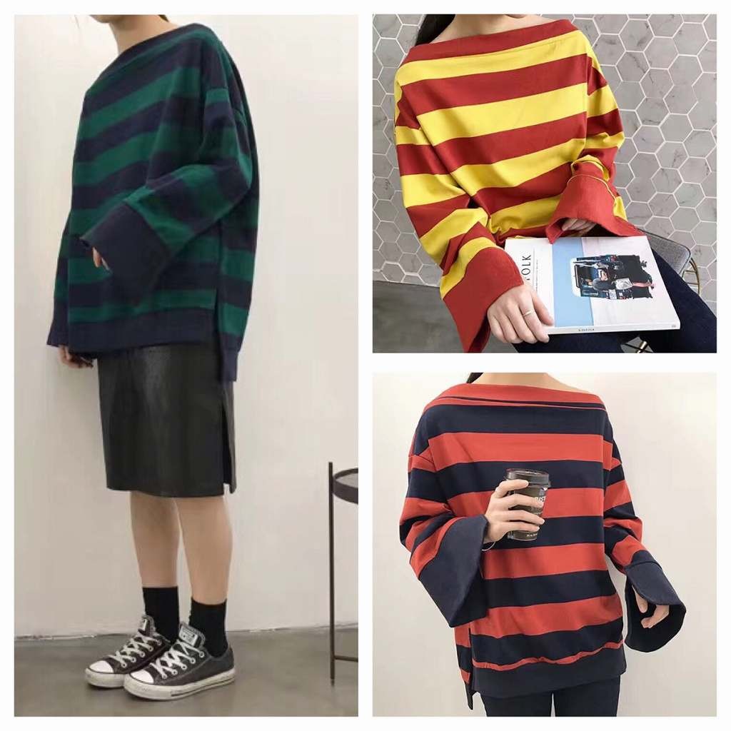 レディース　Ｔシャツ　ボーダー　ボートネック　長袖　ミドル丈　バットスリーブ　ゆったり　大人　ストリート　カジュアル　デート　外出　全４色　送料無料