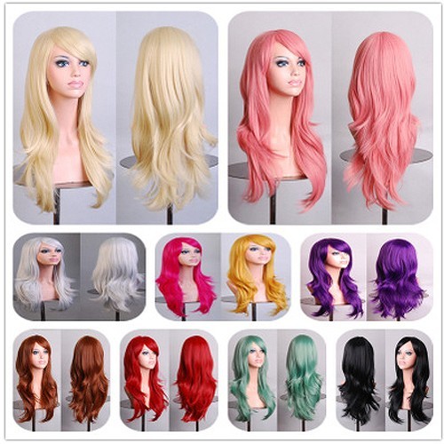 レディース　コスチューム　ロングヘア　ウィッグ　ヘアピース　かつら　コスプレ　なりきり　本格派　公演　演劇　ハロウィン　衣装　イベント　パーティ　仮装　レッド　ホワイト　ゴールド　パープル　ブラック　ピンク　グリーン　ブラウン　イエロー　送料無料