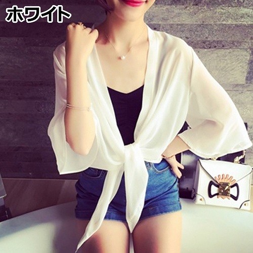 レディース　トップス　カーディガン　シフォン　7分袖　無地　UV対策　シンプル　カジュアル　大人可愛い　フェミニン　オフィス　OL　デート　お出かけ　デイリー　ビーチ　海水浴　プール　ホワイト　ブラック　送料無料