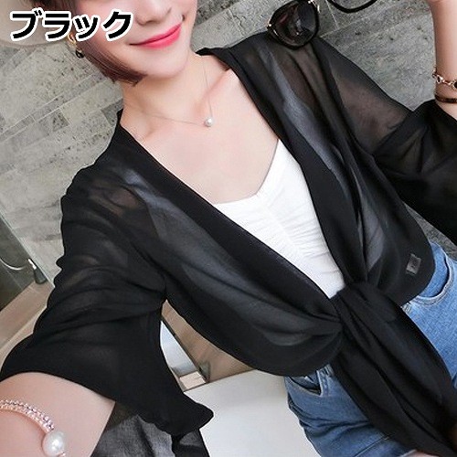 レディース　トップス　カーディガン　シフォン　7分袖　無地　UV対策　シンプル　カジュアル　大人可愛い　フェミニン　オフィス　OL　デート　お出かけ　デイリー　ビーチ　海水浴　プール　ホワイト　ブラック　送料無料
