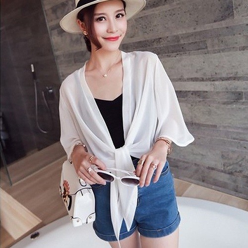 レディース　トップス　カーディガン　シフォン　7分袖　無地　UV対策　シンプル　カジュアル　大人可愛い　フェミニン　オフィス　OL　デート　お出かけ　デイリー　ビーチ　海水浴　プール　ホワイト　ブラック　送料無料