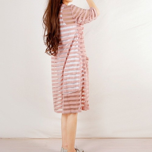 レディース　トップス　ロングカーディガン　メッシュ　通気性　春夏　7分袖　ボーダー　シンプル　カジュアル　大人可愛い　フェミニン　デート　お出かけ　デイリー　ホワイト　ピンク　ベージュ　送料無料