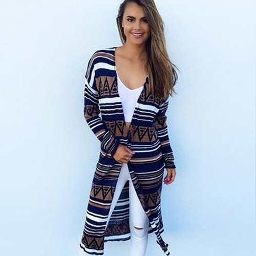レディース　トップス　ロングカーディガン　長袖　ボーダー　シンプル　カジュアル　大人可愛い　フェミニン　オフィス　OL　デート　お出かけ　デイリー　ネイビー　送料無料