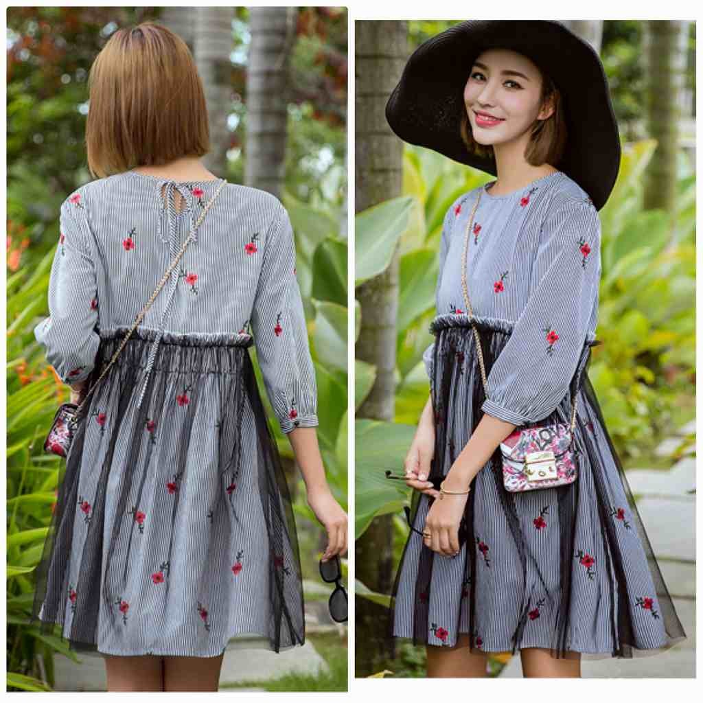 レディース　ワンピース　フレアスカート　オールインワン　7分丈　ストライプ　刺繍　膝上丈　ラウンドネック　春夏　花柄　シースルー　カジュアル　フェミニン　キュート　セクシー　可愛い　おしゃれ　デート　ブルー　送料無料