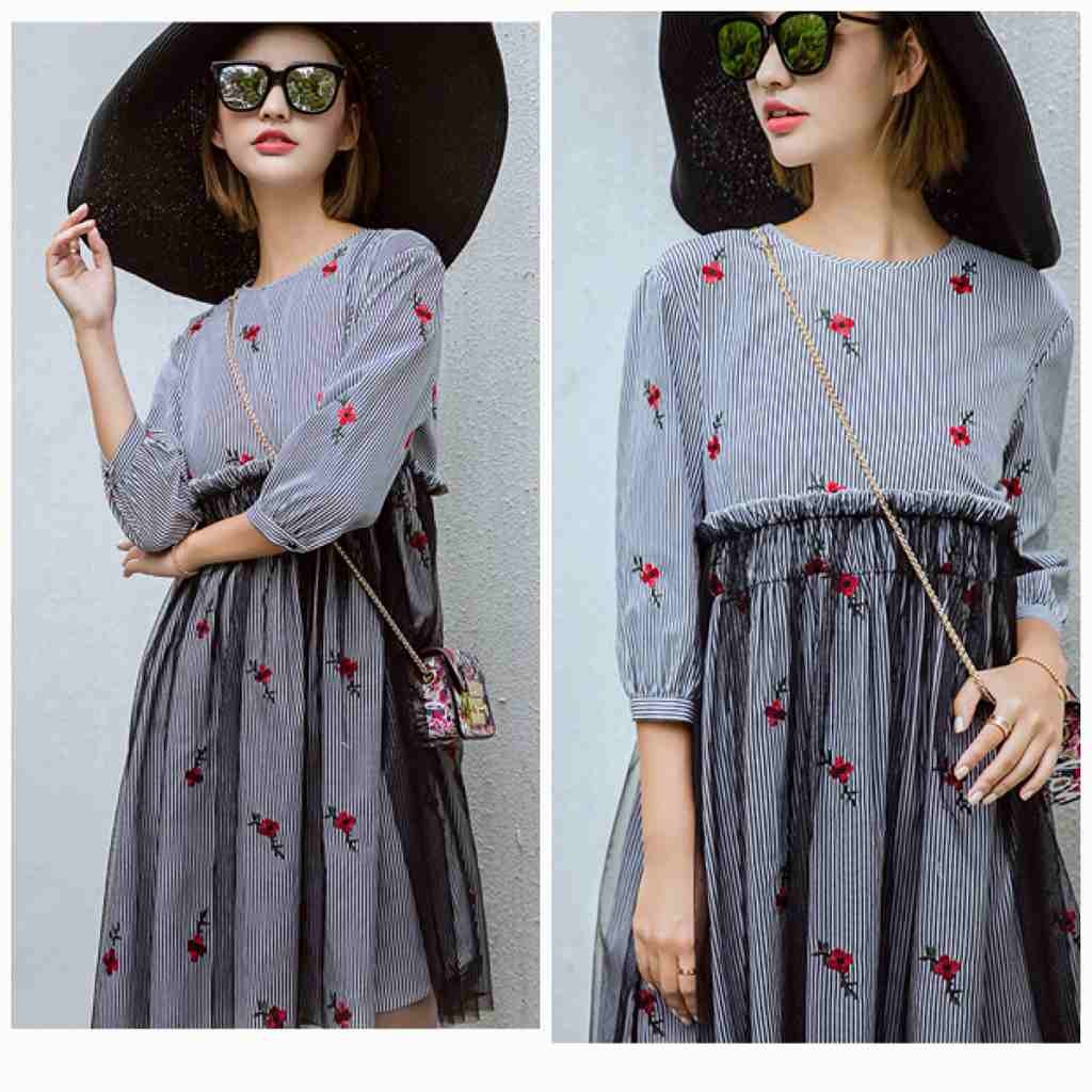 レディース　ワンピース　フレアスカート　オールインワン　7分丈　ストライプ　刺繍　膝上丈　ラウンドネック　春夏　花柄　シースルー　カジュアル　フェミニン　キュート　セクシー　可愛い　おしゃれ　デート　ブルー　送料無料