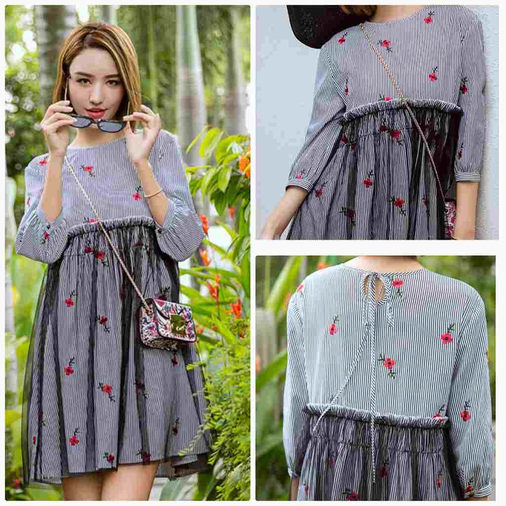 レディース　ワンピース　フレアスカート　オールインワン　7分丈　ストライプ　刺繍　膝上丈　ラウンドネック　春夏　花柄　シースルー　カジュアル　フェミニン　キュート　セクシー　可愛い　おしゃれ　デート　ブルー　送料無料