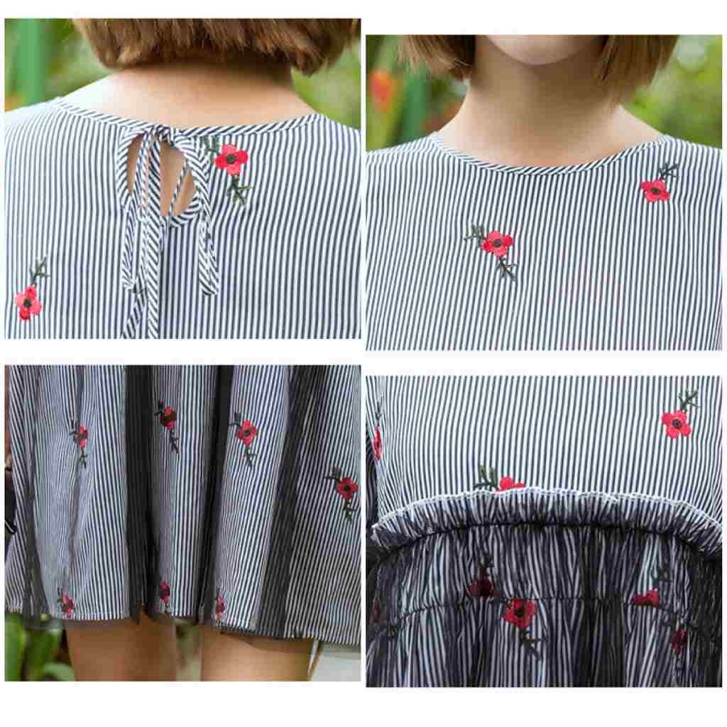 レディース　ワンピース　フレアスカート　オールインワン　7分丈　ストライプ　刺繍　膝上丈　ラウンドネック　春夏　花柄　シースルー　カジュアル　フェミニン　キュート　セクシー　可愛い　おしゃれ　デート　ブルー　送料無料