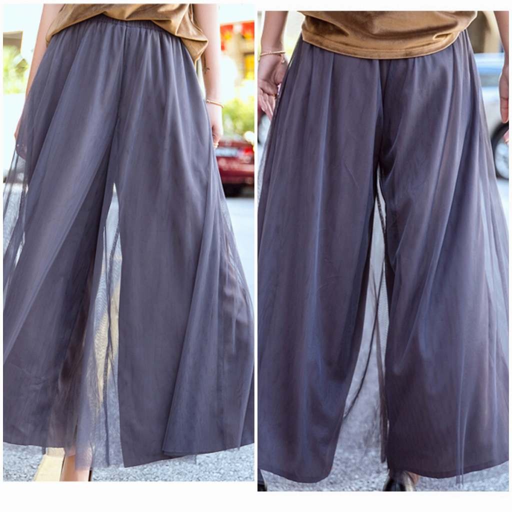  レディース　ボトムス　ワイドパンツ　ガウチョパンツ　無地　メッシュ　カジュアル　フェミニン　セクシー　かわいい　シンプル　通勤　OL　普段着　お出かけ　デート　グレー　送料無料