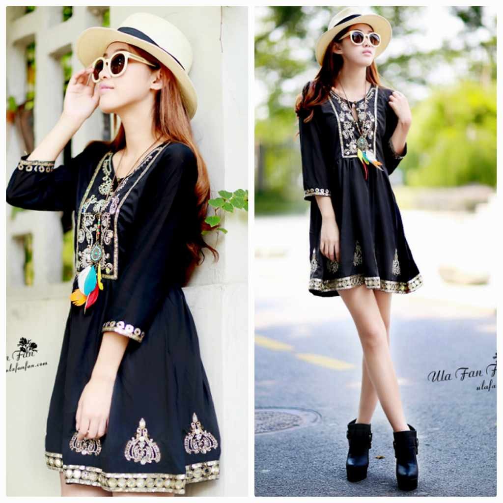 レディース　ワンピース　スカート　ティアドロップ　プラケット　ギャザー　フレア　プリーツ　ミニ丈　7分袖　シフォン　ビーズ　刺繍　セクシー　エレガント　お出かけ　デート　キュート　可愛い　フェミニン　おしゃれ　リゾート　ブラック　送料無料