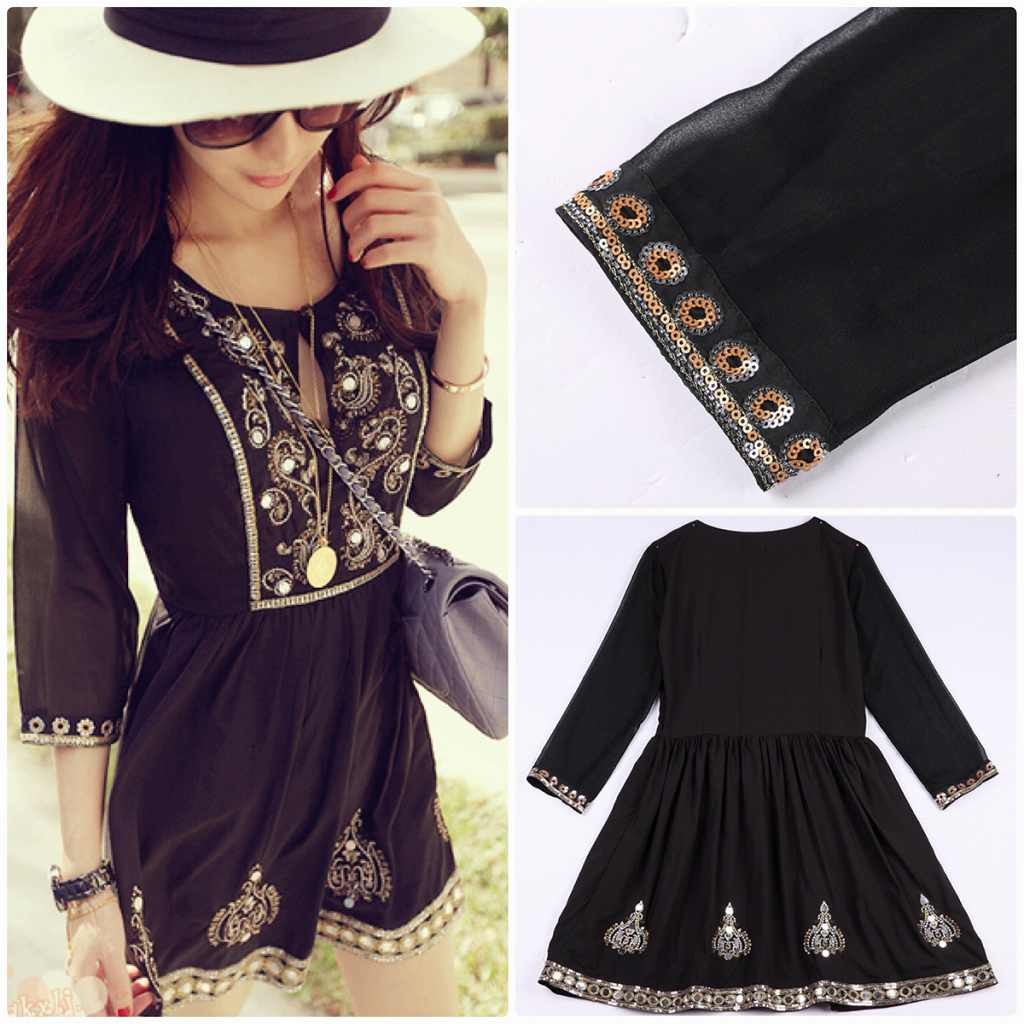 レディース　ワンピース　スカート　ティアドロップ　プラケット　ギャザー　フレア　プリーツ　ミニ丈　7分袖　シフォン　ビーズ　刺繍　セクシー　エレガント　お出かけ　デート　キュート　可愛い　フェミニン　おしゃれ　リゾート　ブラック　送料無料