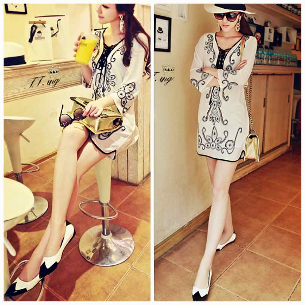 レディース　ワンピース　スカート　レースアップ　ミニ丈　7分袖　シフォン　ビーズ　刺繍　セクシー　エレガント　お出かけ　デート　キュート　可愛い　フェミニン　おしゃれ　リゾート　ホワイト　送料無料