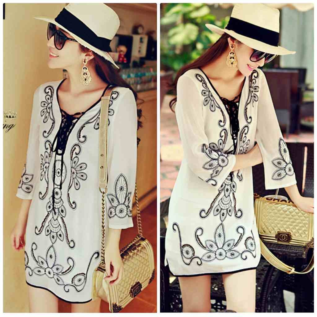 レディース　ワンピース　スカート　レースアップ　ミニ丈　7分袖　シフォン　ビーズ　刺繍　セクシー　エレガント　お出かけ　デート　キュート　可愛い　フェミニン　おしゃれ　リゾート　ホワイト　送料無料