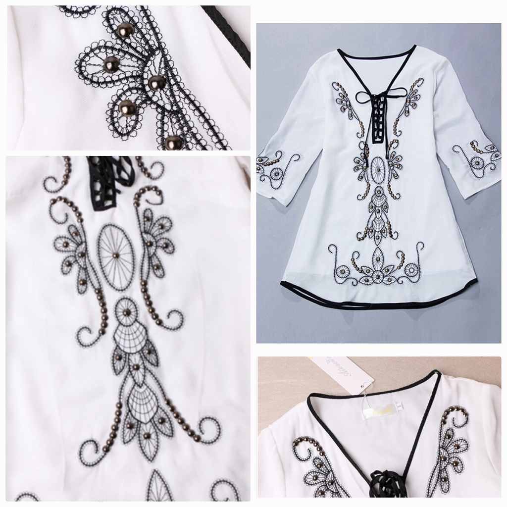 レディース　ワンピース　スカート　レースアップ　ミニ丈　7分袖　シフォン　ビーズ　刺繍　セクシー　エレガント　お出かけ　デート　キュート　可愛い　フェミニン　おしゃれ　リゾート　ホワイト　送料無料