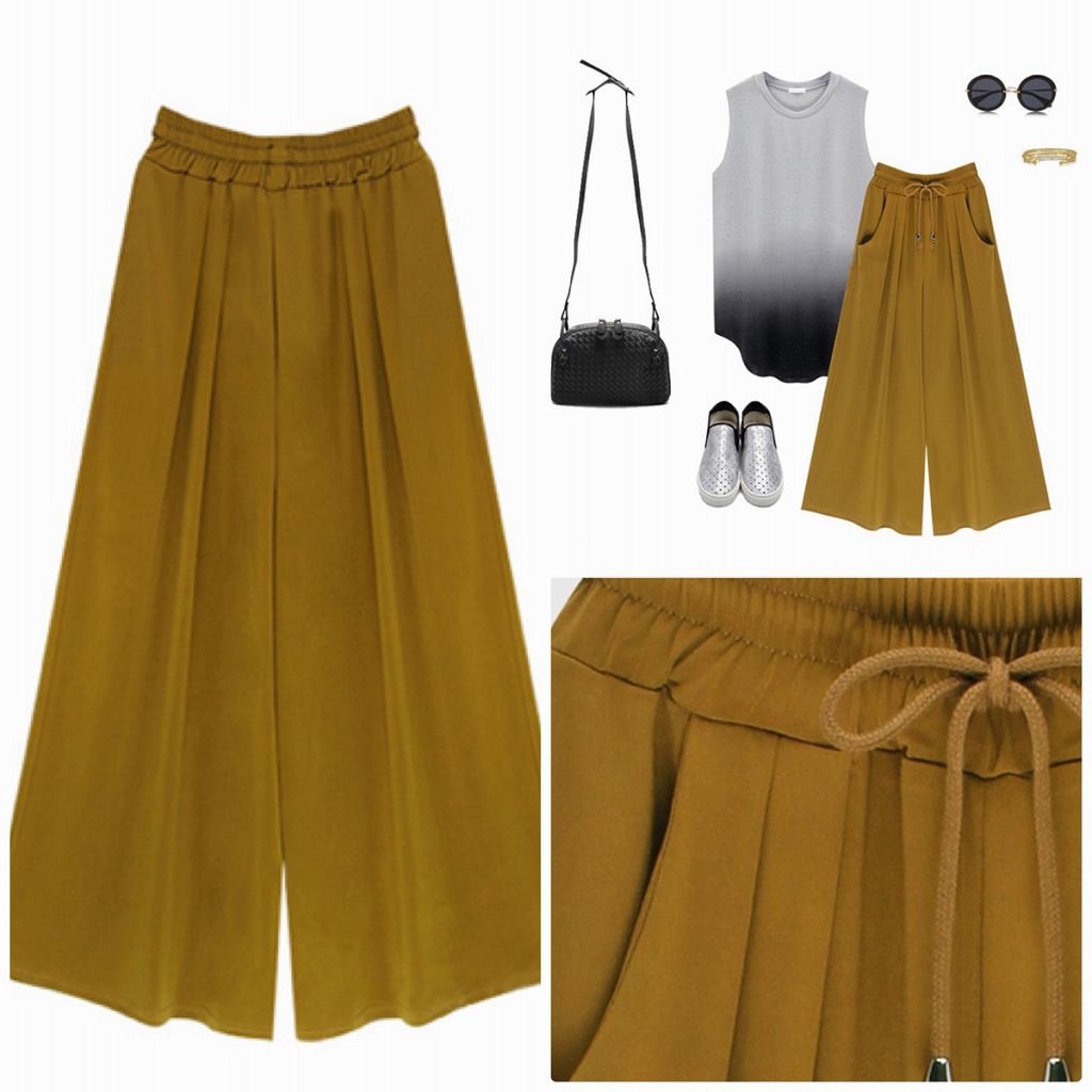  レディース　ボトムス　ワイドパンツ　ガウチョパンツ　無地　カジュアル　大きいサイズ　ウエストゴム　コットン混　フェミニン　シンプル　通勤　OL　普段着　お出かけ　デート　ブラック　ブラウン　グリーン　送料無料