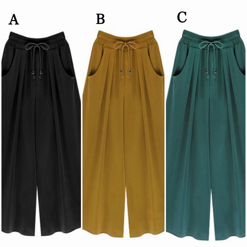  レディース　ボトムス　ワイドパンツ　ガウチョパンツ　無地　カジュアル　大きいサイズ　ウエストゴム　コットン混　フェミニン　シンプル　通勤　OL　普段着　お出かけ　デート　ブラック　ブラウン　グリーン　送料無料