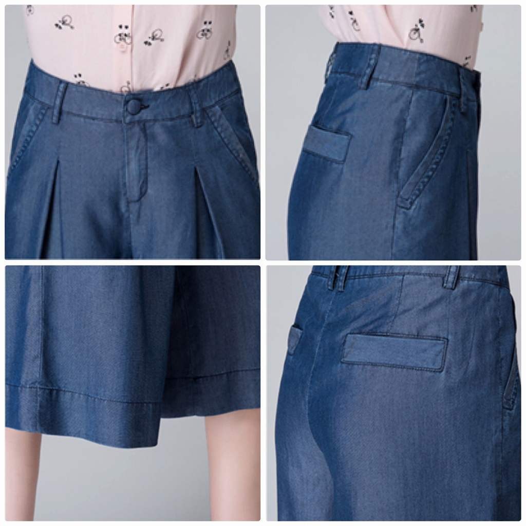  レディース　ボトムス　ワイドパンツ　ガウチョパンツ　無地　6分丈　膝下　ミディ丈　カジュアル　デニム風　大きいサイズ　フェミニン　シンプル　通勤　OL　普段着　お出かけ　デート　ブルー　送料無料