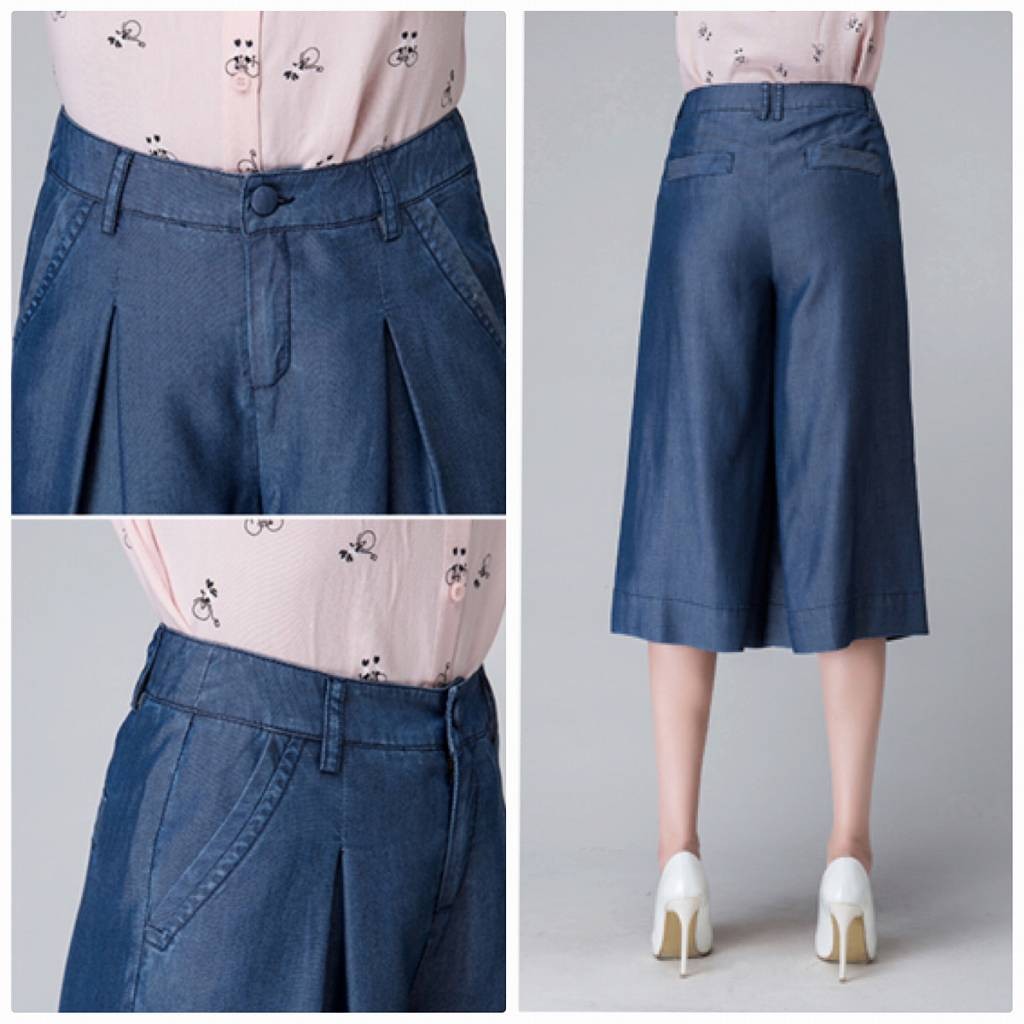  レディース　ボトムス　ワイドパンツ　ガウチョパンツ　無地　6分丈　膝下　ミディ丈　カジュアル　デニム風　大きいサイズ　フェミニン　シンプル　通勤　OL　普段着　お出かけ　デート　ブルー　送料無料