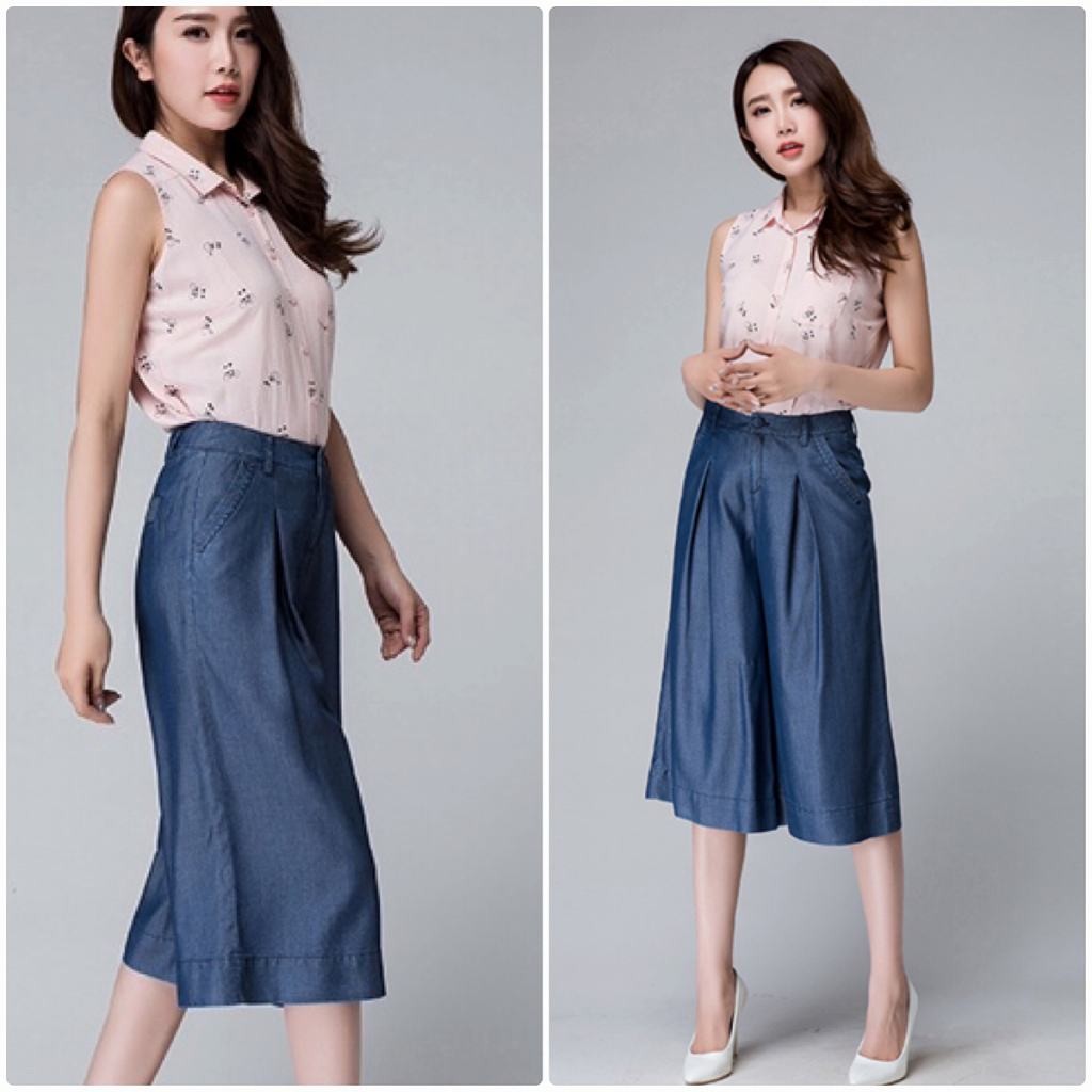  レディース　ボトムス　ワイドパンツ　ガウチョパンツ　無地　6分丈　膝下　ミディ丈　カジュアル　デニム風　大きいサイズ　フェミニン　シンプル　通勤　OL　普段着　お出かけ　デート　ブルー　送料無料