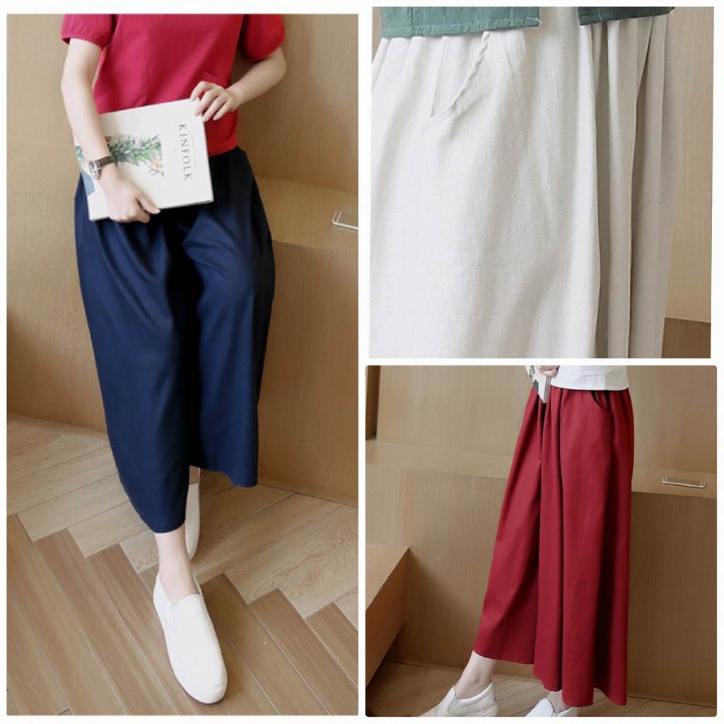 レディース　ボトムス　スカンツ　ワイドパンツ　ガウチョパンツ　無地　コットン　カジュアル　フェミニン　シンプル　通勤　OL　普段着　お出かけ　デート　ホワイト　ネイビー　レッド　送料無料