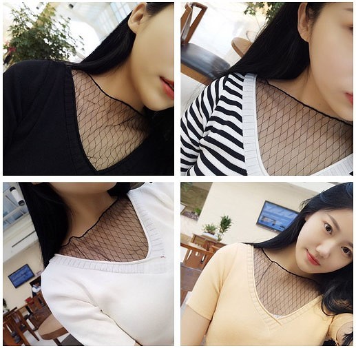 レディース　Vネック　Tシャツ　ショートスリーブ　シースルー　半袖　無地　トップス　春　夏　女性　大人　カジュアル　清楚　可愛い　おしゃれ　エレガント　セクシー　ファッション　ホワイト　イエロー　ブラック　ボーダー　フリーサイズ　ワンサイズ　送料無料