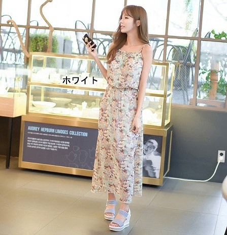 レディース　ボヘミアン　花柄　シフォン　ワンピース　スカート　ボトムス　春　夏　女性　大人　カジュアル　清楚　キュート　可愛い　おしゃれ　エレガント　セクシー　ファッション　ホワイト　ブラック　白　黒　S　M　L　XL　サイズ　送料無料