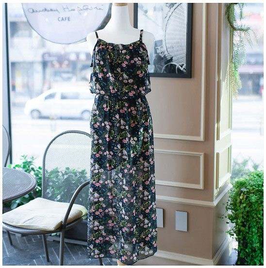 レディース　ボヘミアン　花柄　シフォン　ワンピース　スカート　ボトムス　春　夏　女性　大人　カジュアル　清楚　キュート　可愛い　おしゃれ　エレガント　セクシー　ファッション　ホワイト　ブラック　白　黒　S　M　L　XL　サイズ　送料無料