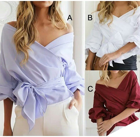 レディース　パフスリーブ　Vネック　ブラウス　シャツ　無地　トップス　春　夏　女性　大人　カジュアル　清楚　キュート　可愛い　おしゃれ　エレガント　セクシー　ファッション　ブルー　ホワイト　ワインレッド　S　M　L　XL　サイズ　送料無料